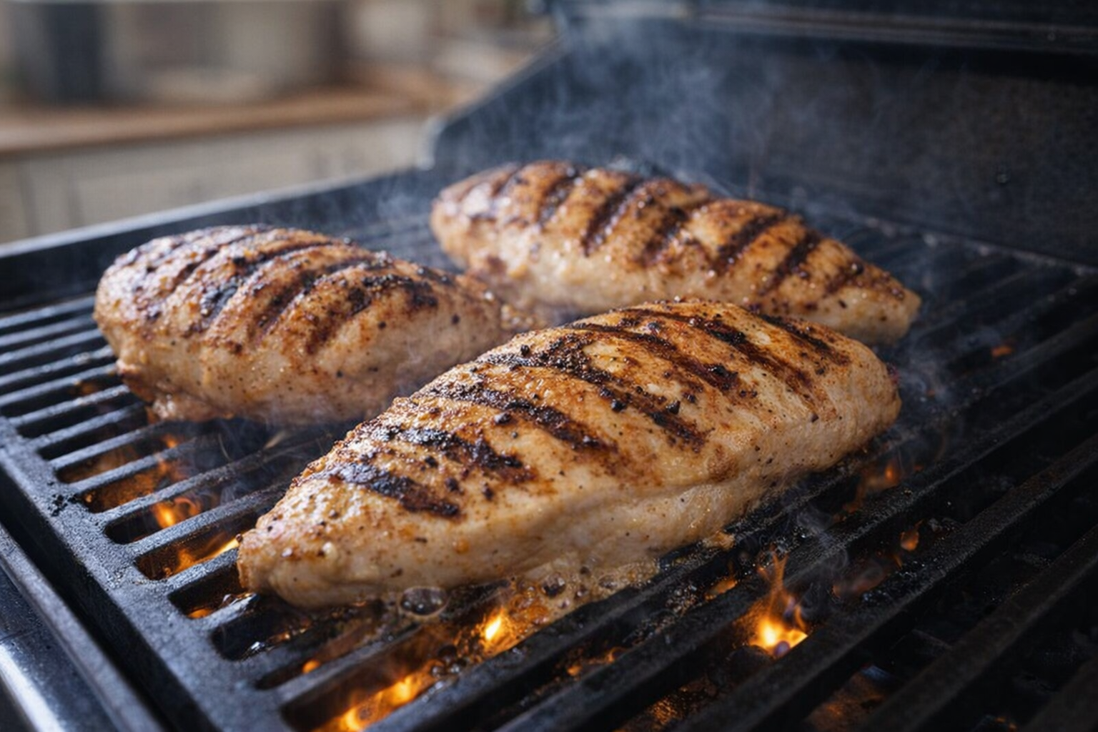 An eye-level shot of chicken breasts grilling on a gas grill, with visible grill marks and sizzling juices.